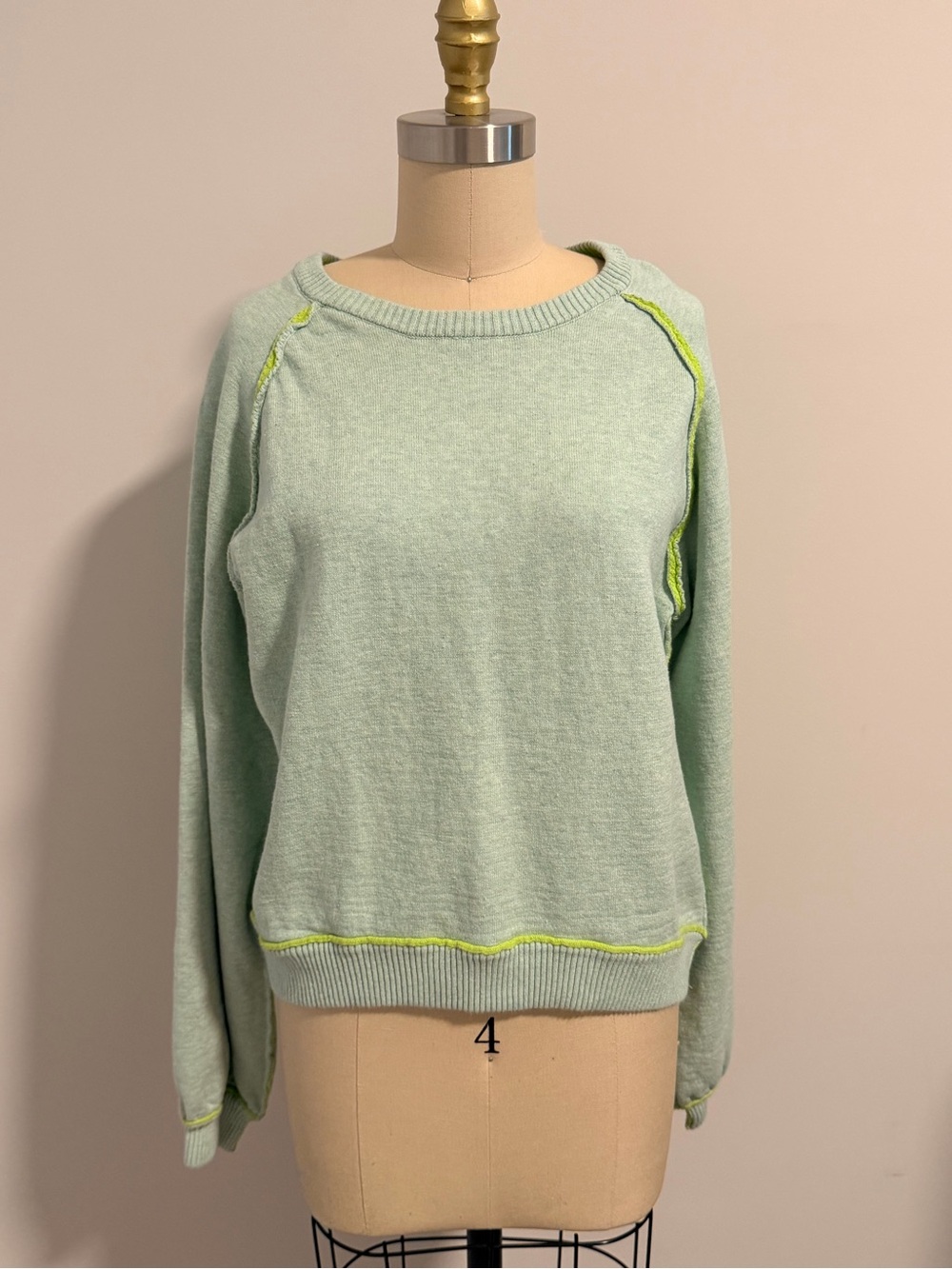 By Together Mint Green Crewneck Sweater with Neon Trim